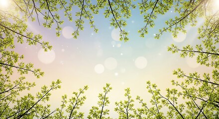 random arrangement of short and long branches with young foliage, leaving wide serene empty space, sunlight softly glowing, pastel gradient sky