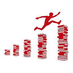 Leap to new knowledge by jumping across book stacks representing growth and achievement, symbolizing educational progress and personal development.