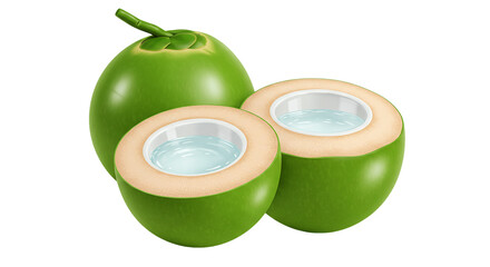 Tropical Refreshment Fresh Green Coconuts with Water Illustration on Transparent Background Summer Thirst Quencher Exoti
