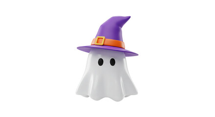 Halloween Ghost Wearing a Witch Hat 3D Render Illustration Cute Spooky Season Fall Decoration on transparent background