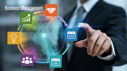 Fototapeta premium Global Business Management Strategy and Technology Integration with World Map Visualization