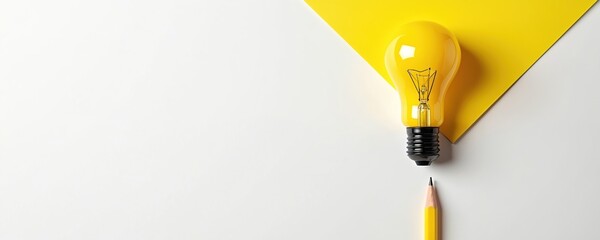 Yellow light bulb, pencil on clean white, yellow background represent new creative idea solution. Minimal flat lay shot shows innovation, inspiration, strategy, design, learning concept for business