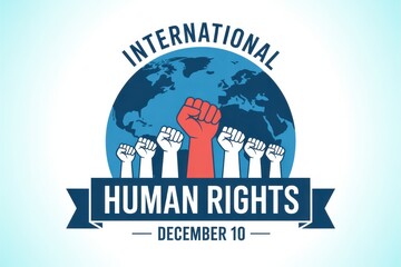 International human rights day graphic with fists and world map on a gradient blue background