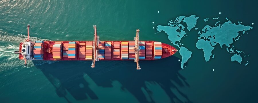 Aerial view displays container ship with bridge crane at open sea. World map indicates vessel route and global logistics. Export and import in business shipping transport.