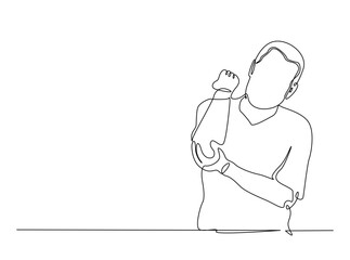 Man suffering from elbow joint pain outline draw illustration. Continuous line art drawing of Man having elbow pain soreness from injury. Editable stroke.