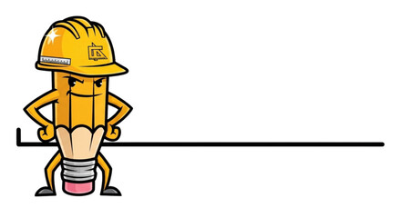 Confident Pencil Engineer with Yellow Hard Hat and Ruler Cartoon Illustration for Architecture, Drafting, Civil Engineering, STEM Education, and Creative Design Projects