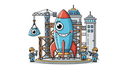 Cute Happy Rocket Under Construction Cartoon Illustration with Scaffolding, Crane, Tools, and Welding for Space Exploration, Aerospace Engineering, STEM Learning, Kids Science, and DIY Rocketry Projec
