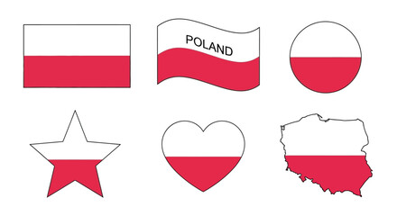 Collection of poland flag icons in various shapes, including rectangle, wave, circle, star, heart, and map