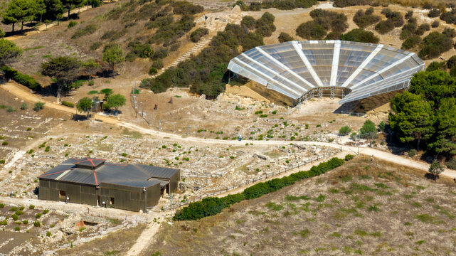 Aerial view of the ruins of the theater of Eraclea Minoa. It's a Greek theater of the ancient city located in the archaeological area of ​​Cattolica Eraclea, in province of Agrigento, Sicily, Italy.