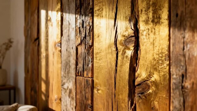 Medium shot of reclaimed wood wall planks with rich patina emphasizing rustic charm in sustainable decor settings.