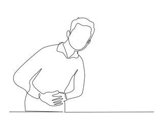 A man holds his stomach with a pained expression outline draw illustration. Continuous line art drawing of Man Suffering From Stomach Ache. Editable stroke.
