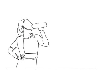 Sporty woman drinking water from the bottle outline draw illustration. Continuous line art drawing of Sporty woman drinking water from the bottle. Editable stroke.