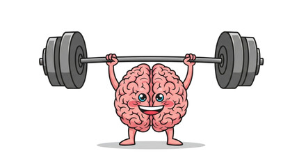 Strong Brain Lifting Heavy Barbell Cartoon Illustration for Mental Strength, Cognitive Fitness, Brain Training, STEM Motivation, Intelligence Boost, and Mind Power Development