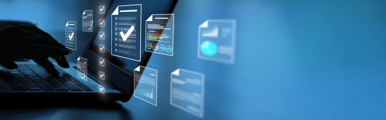 Obraz premium Document management concept, check electronic documents on digital documents on virtual screen Document Management System and process automation to efficiently document paperless operate