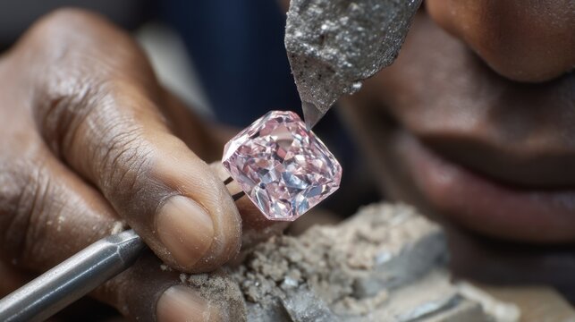 Close-Up of Artisan Jeweler Handcrafting a Unique Pink Gemstone with Precision and Skill in a Jewelry Workshop Environment