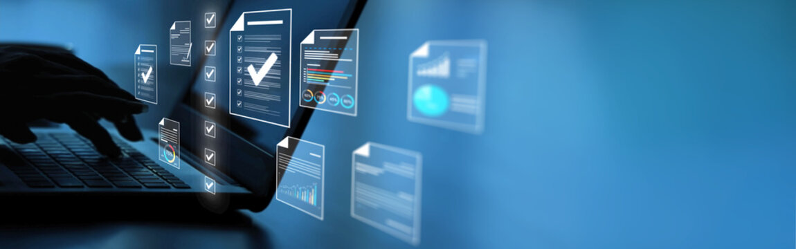 Document management concept, check electronic documents on digital documents on virtual screen Document Management System and process automation to efficiently document paperless operate