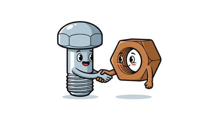 Cute Cartoon Bolt and Nut Characters Shaking Hands Illustration for Mechanical Engineering, Hardware Fasteners, DIY Projects, STEM Education, and Fun Teamwork Concepts