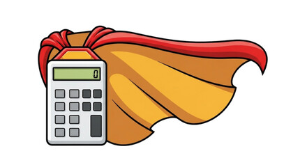 Superhero Calculator with Red Cape and Zero Display Cartoon Illustration for Math Education, Financial Literacy, STEM Learning, Accounting Tools, and Fun Number Crunching Concepts