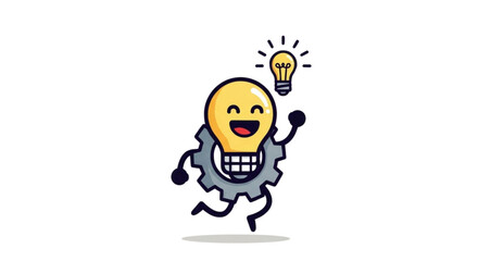 Cute Light Bulb Gear Character with Bright Idea Cartoon Illustration for Innovation, Creativity, Brainstorming, STEM Education, Technology Solutions, and Engineering Inspiration