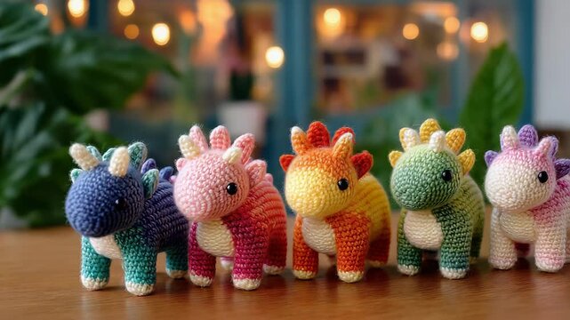 Colorful plush dinosaurs: cute knitted toys with playful movements in a cozy setting