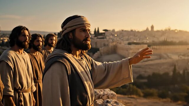 Jesus teaching disciples, indicating Jerusalem walls with hand, sermon on parable of the withered fig tree, golden hour light.