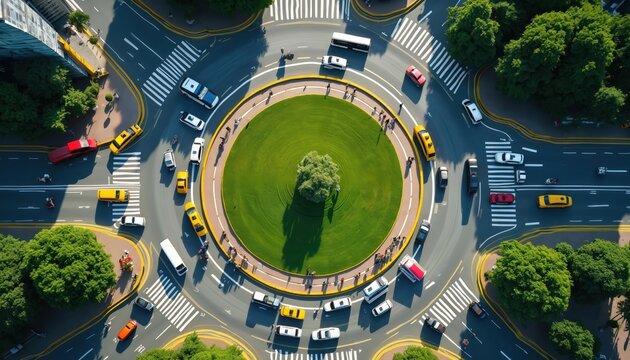 Top view shows road traffic, pedestrian crossroad junction. Cars, buses circle roundabout with grass. People walk along circle. Urban landscape depicts modern town infrastructure busy with mobility.
