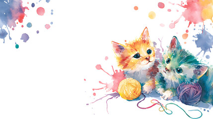 Cute watercolor kittens playing with yarn, colorful paint splashes, thin white border, modern background for birthday or card design.