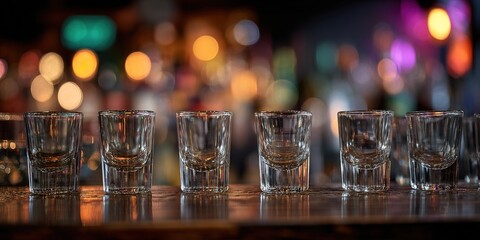Clear shot glasses lined up on a bar counter ready for drinks during a lively social gathering at night