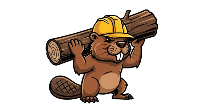 Strong Beaver Builder Carrying Log with Hard Hat, Headlamp, Tool Belt, Hammer, and Wrench Cartoon Illustration for Construction, Woodworking, Civil Engineering, STEM Education, and DIY Projects