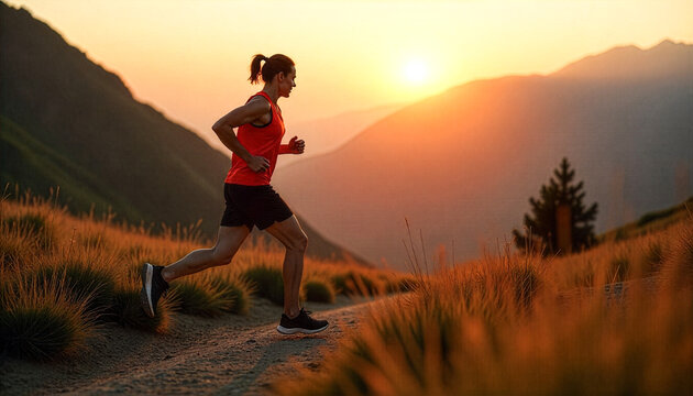 Female athlete stretching before a sunrise jog on a mountain trail, focus on determination, golden morning light, fitness and healthy lifestyle concept, high-resolution