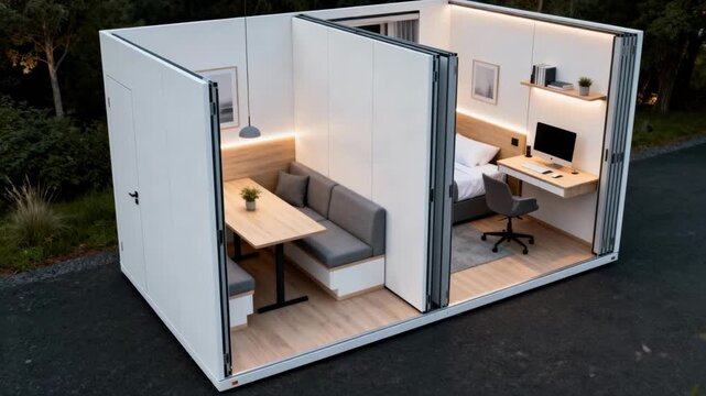 Modular microunit with adaptable walls and multiuse furniture demonstrating flexibility for evolving living needs.