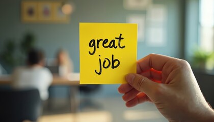 Human hand holds bright yellow sticky note displaying handwritten words great job. Positive message offers feedback, encouraging success, appreciation for hardworking employees. Motivation, effective