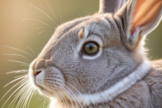 Zartes Kaninchen in sanftem Licht mit scharfen Details im Fell und fokussiertem Blick