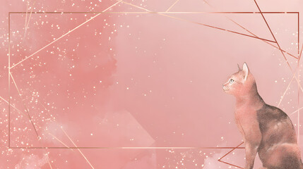 Chic cat wallpaper, thin rose-gold frame, blush pink gradient, geometric background with subtle sparkles, fashion-inspired style.