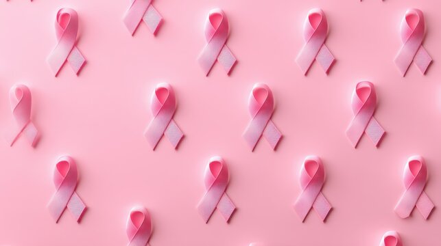 Pink Ribbons on Pink Background for Breast Cancer Awareness and Support, Symbol of Hope and Fight Against Disease