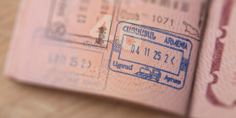 Mobile travel photo close up. Top view. New stamp of Armenia will be without Mount Ararat from...