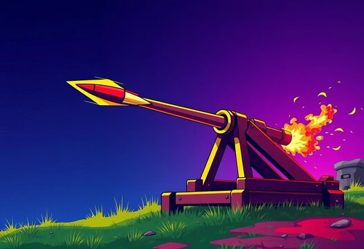 Vector illustration of a catapult launching projectile, graphic, siege