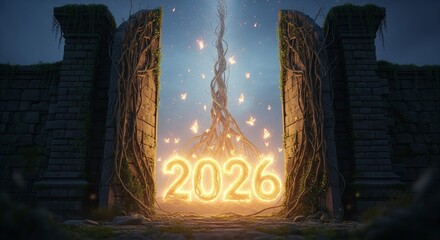 Ancient stone gates unveil a glowing 2026 surrounded by golden roots, radiant vines, and luminous butterflies rising into a mythical sky.
