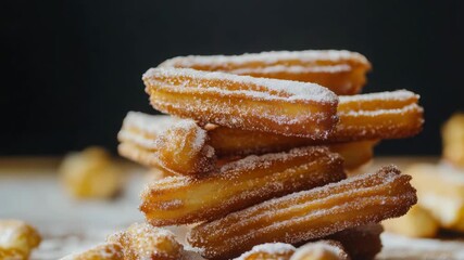 Delicious churros stacked high with falling powdered sugar in slow motion