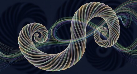 Metallic iridescent spirals twist through dimensional space in luminous multicolor waves, blending futuristic elegance with fluid motion design.