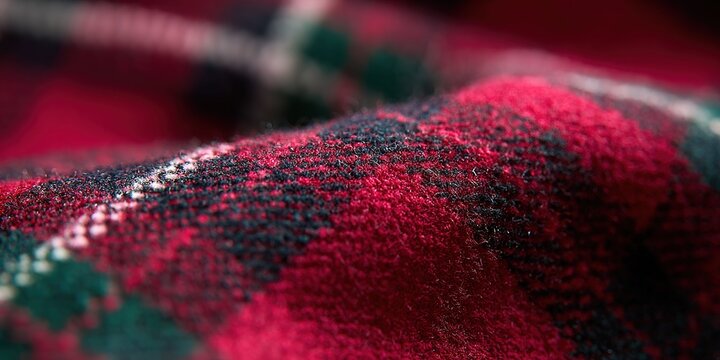 Close-up view of a red and green plaid fabric showcasing texture and pattern details in natural light