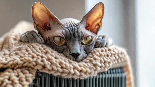 Sphinx cat relaxing on cozy knitted blanket with sunlit ears and curious gaze