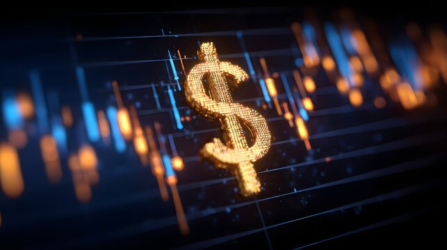 Illuminated golden currency symbol hovers above a dark digital financial data graph