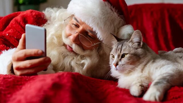 A cozy moment between Santa and his feline companion as they relax together on a comfortable red blanket, sharing a lighthearted moment while scrolling through a phone during the holiday season.