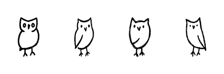 Four Cute Owl Line Icons In Doodle Style. Whimsical Bird Illustrations For Nature And Wildlife Themes. Hand Drawn Isolated Vector Illustration