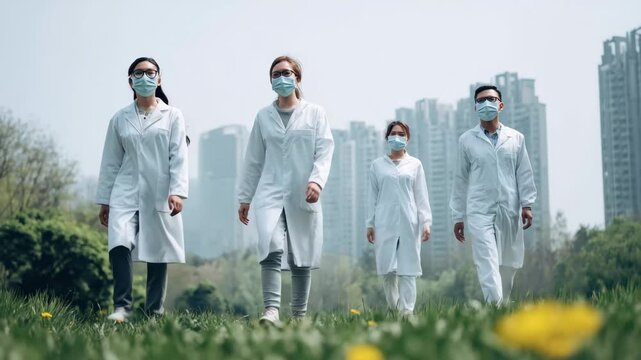 Group of scientists walking in protective gear on a sunny day in an urban park