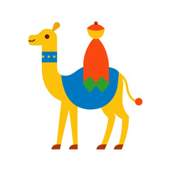 Stylized camel with rider in colorful attire
