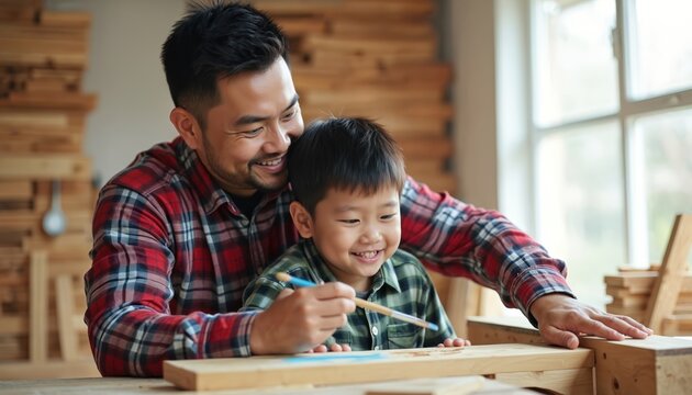 Asian father teaches young son to paint wood in workshop. Dad shows child how to use brush. Boy learns from parent in woodworking class. Family spends time together at home.