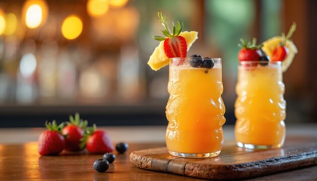 Two vibrant tropical cocktails served in decorative tiki glasses rest on wooden bar top. Drink garnished with fresh pineapple slices, ripe strawberries, blueberries. Blurred background shows bar,