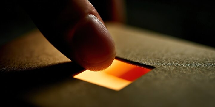 Finger presses on a glowing button in a dark environment, creating a warm light that illuminates the surroundings